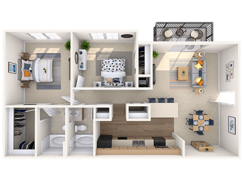 Floor plan for 2 beds, 2 baths, 1056 sqft